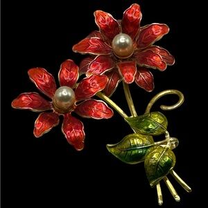 Signed Made in Germany Enamel Poinsettia Flower Bouquet Brooch